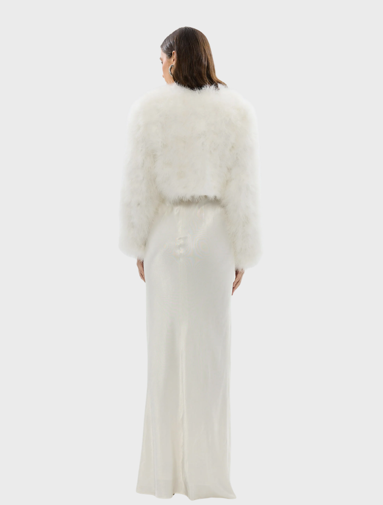 White crop jacket crafted from marabou feathers, featuring a structured shoulder design and satin finish lining for elegance.