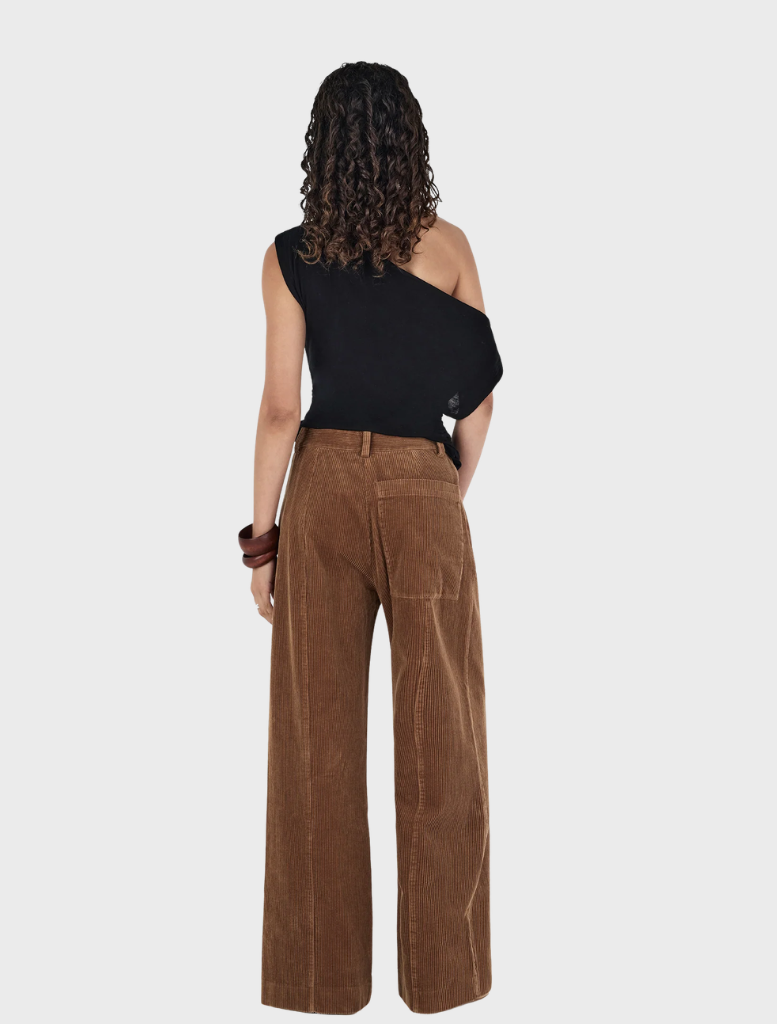 Tan Max Cord Pants arranged neatly, emphasizing their stylish cut and warm color.