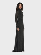 Chic charcoal lurex maxi dress with a graceful drape, perfect for upscale events and evening outings.