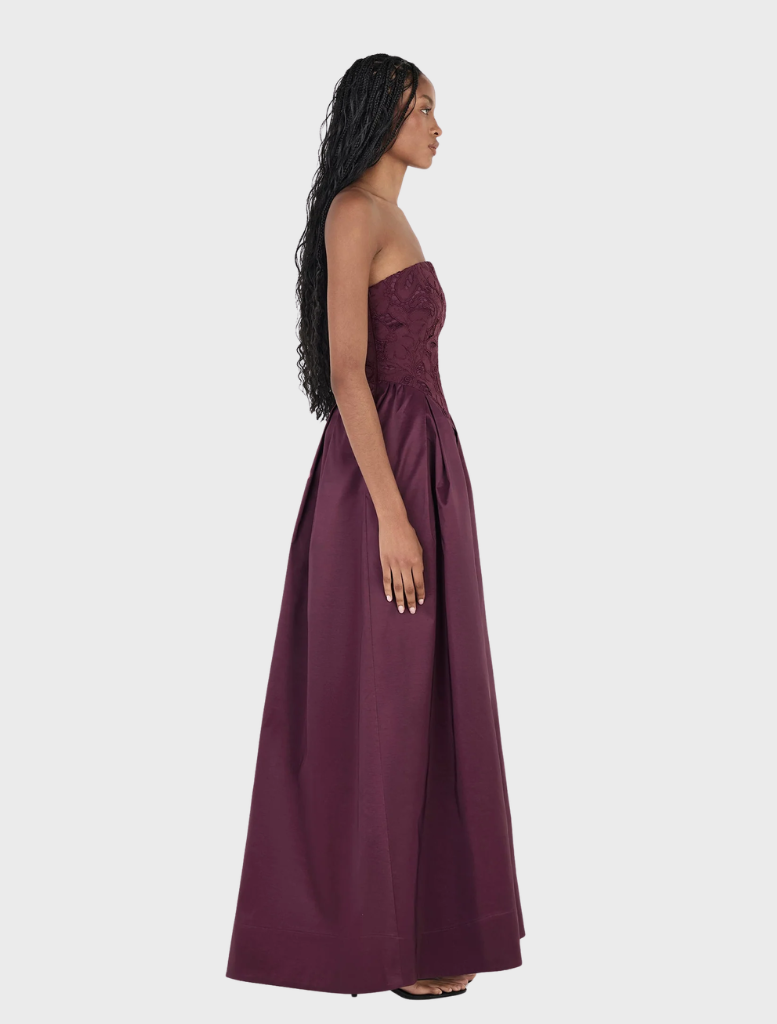 Portia Maxi Dress in a deep Mulberry hue, offering a sophisticated look with its long, elegant design.
