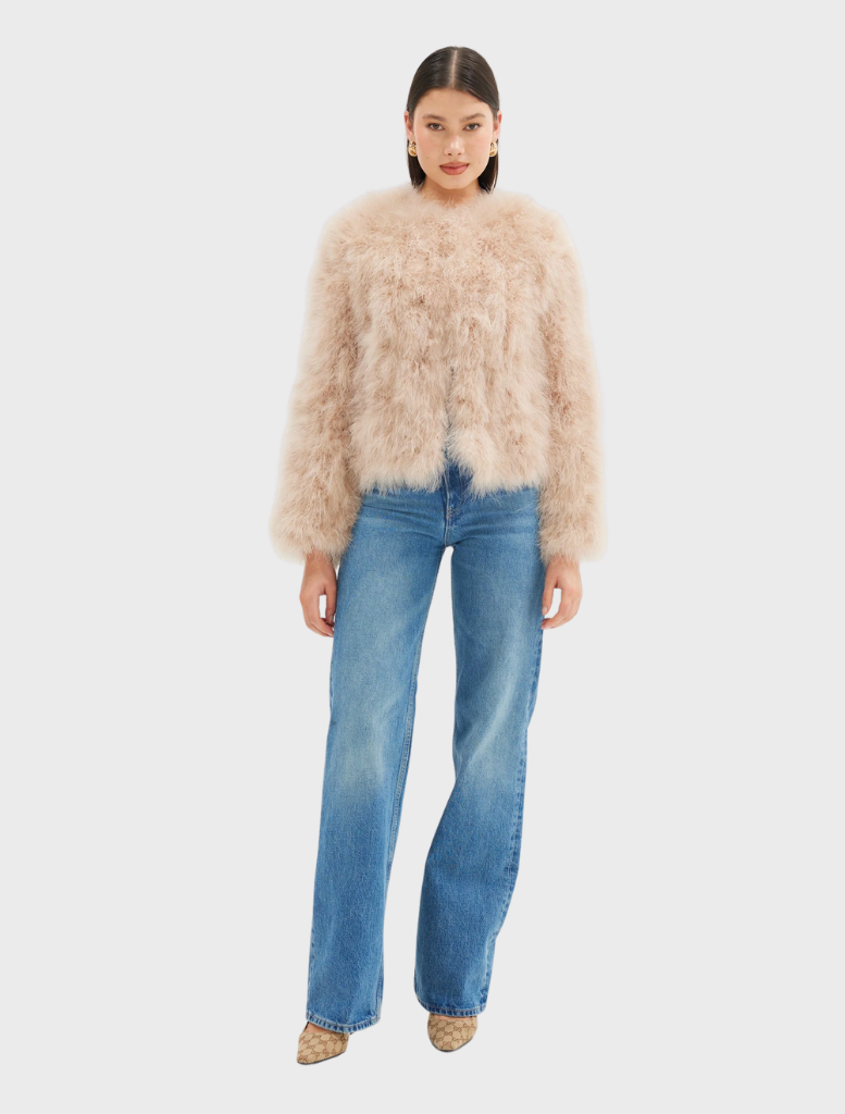 Classic waist-length Scarlett Jacket in Creme Brulee, handmade, warm, and featuring an optional hook/eye closure.