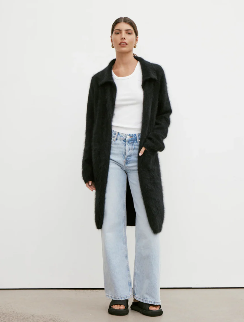 Black Sophia Open Cashmere Cardigan with a relaxed fit, highlighting its luxurious fabric and stylish open-front silhouette.