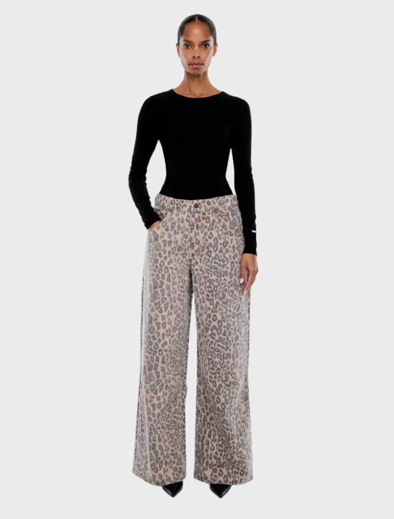 Leopard print Wynn Animal Jean displayed on a white background, showcasing its unique pattern and stylish design.