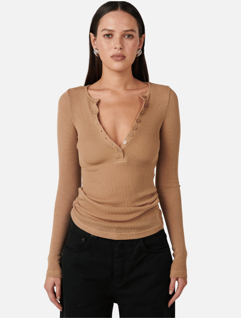 Xavier Button Top - White | Clothing | Basic top, brand-Bayse, Clothing, Collared Top, Knit, Knit Top, Knitwear, Long Sleeve Top, Long Sleeve Tops, price-$50 - $100, Shirts & Tops, Sweaters & Knitwear, Top, Tops | Bayse