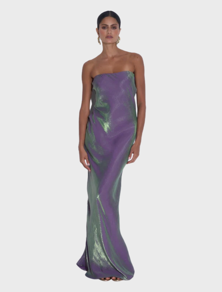 Strapless York Dress in Serpent Shimmer, featuring a pleated column silhouette for a sophisticated and flattering fit.
