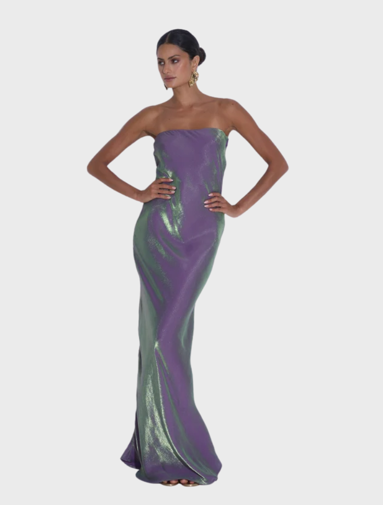 York Dress in Serpent Shimmer, a strapless column design with intricate pleats, offering effortless sophistication and movement.