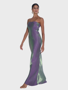 Serpent Shimmer York Dress, a strapless pleated column silhouette that combines elegance with a comfortable, flattering fit.