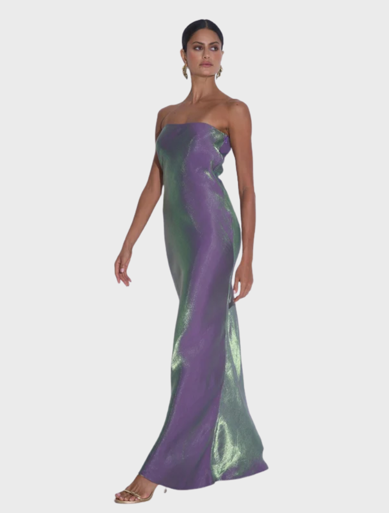 Serpent Shimmer York Dress, a strapless pleated column silhouette that combines elegance with a comfortable, flattering fit.