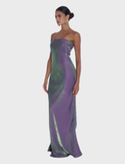 Elegant strapless York Dress in Serpent Shimmer, designed with pleats for a graceful, figure-flattering silhouette.