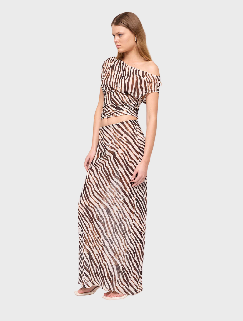 Gigi Zebra Drape Top with a bold zebra animal print pattern.
