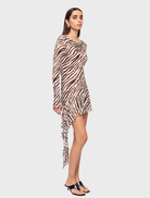 Gigi long sleeve mini dress in striking zebra animal print, ideal for a trendy and chic outfit.