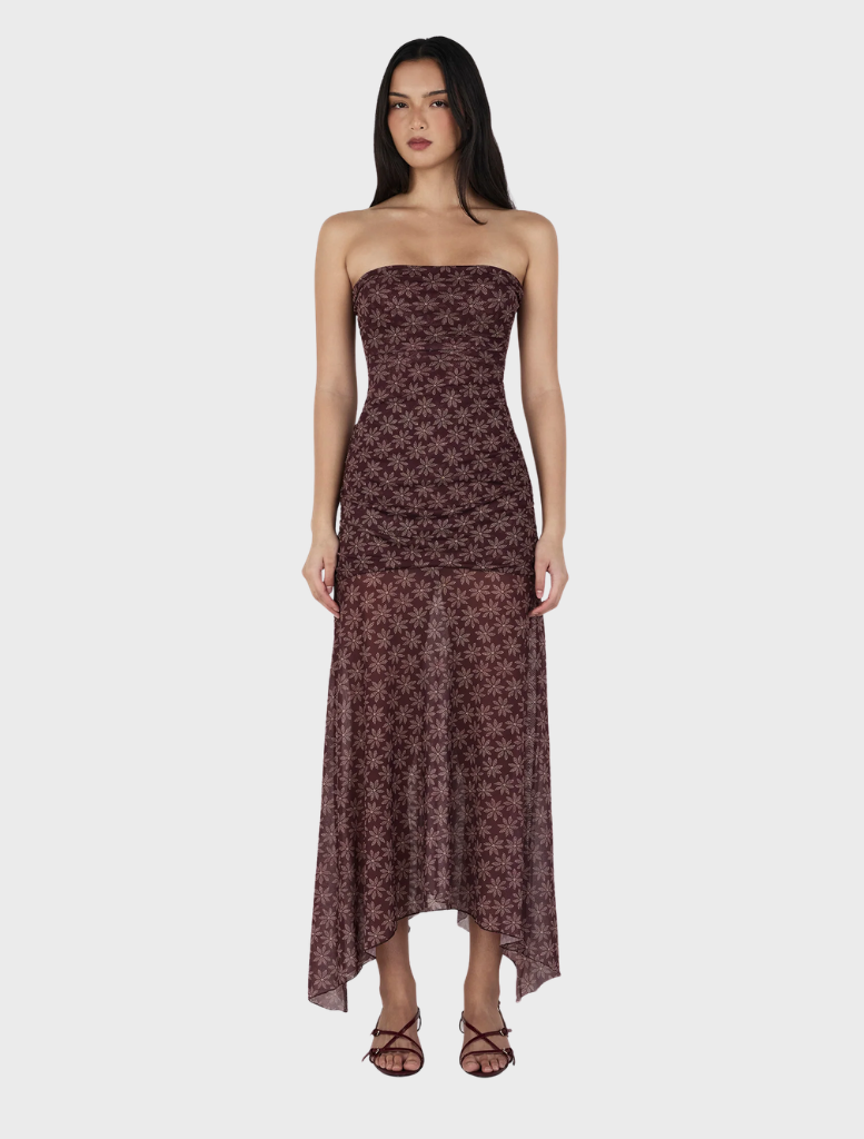 Zella Midi Dress in Daisy Dot Cherry, featuring a vibrant patterned fabric with a floral design.