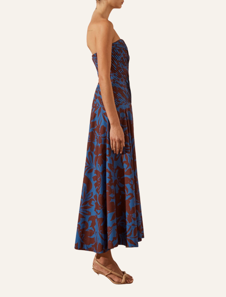 Clothing Catia Strapless Pleated Midi Dress - Strong Blue/ Deep Wine